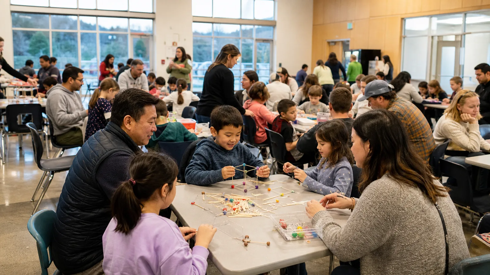Families gathered around tables for a hands-on craft and STEM activity night.