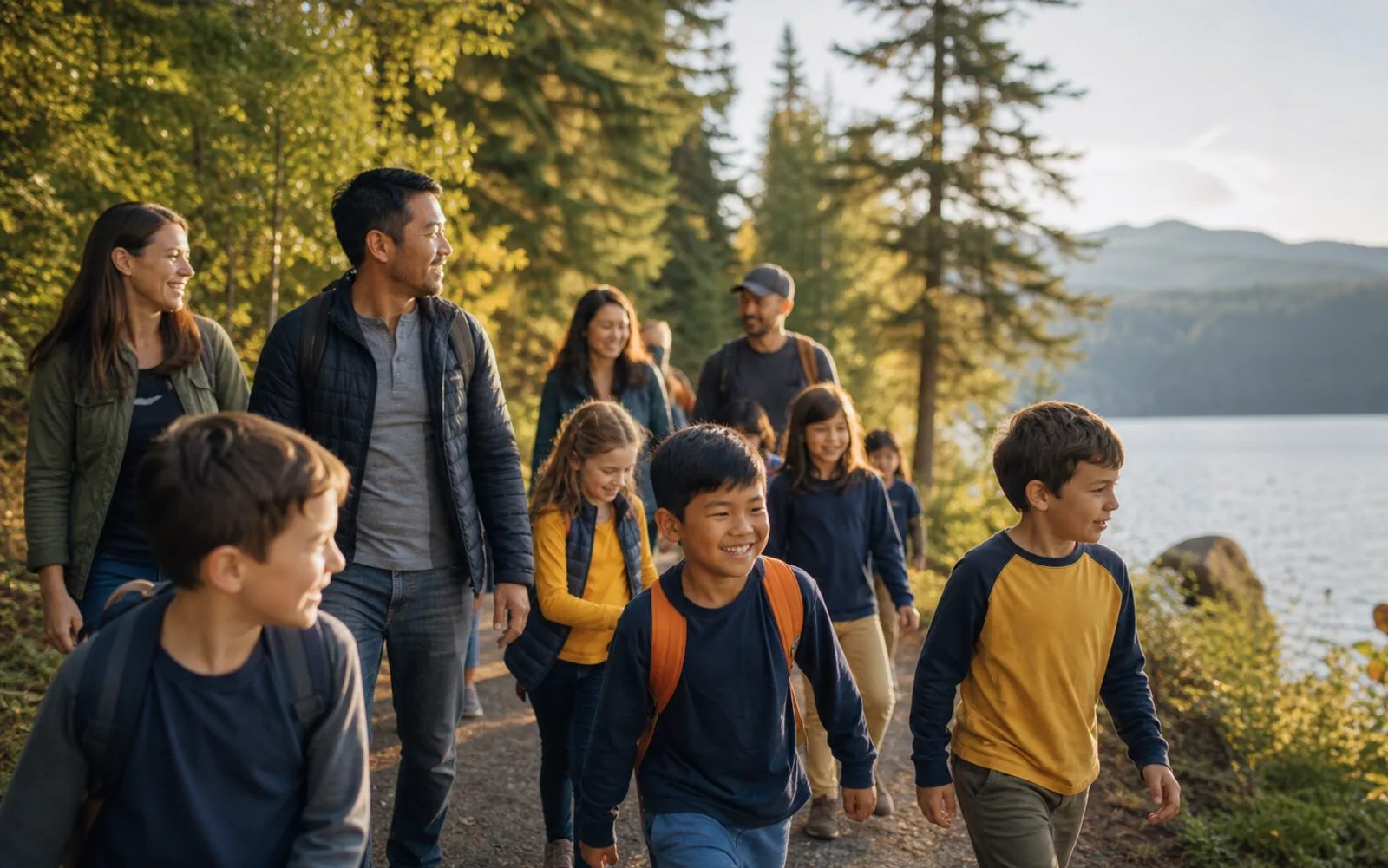 Families hiking together on a sunny forest trail beside a lake.
