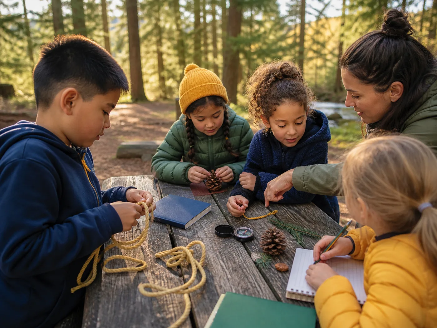 Children learning outdoor skills with rope, pinecones, notebooks, and a compass at a picnic table.