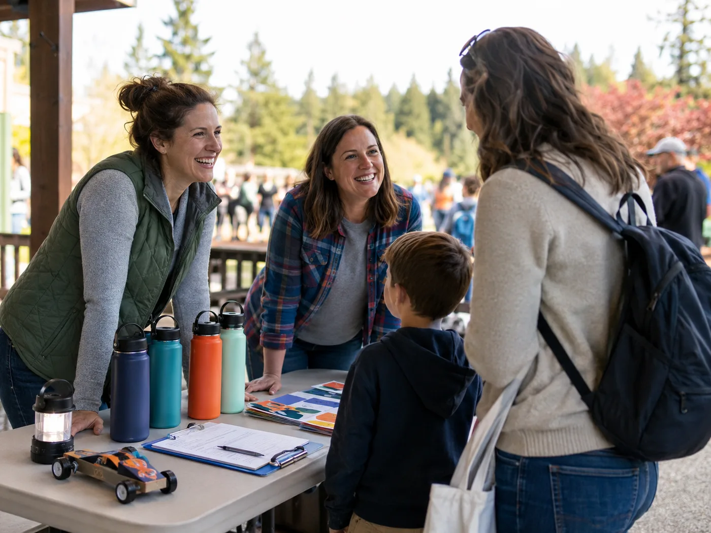 A friendly parent volunteer welcome table at an outdoor community event.